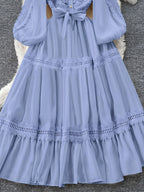 Fashion Retro Stand-Up Collar Lace Trim Patchwork Dress Court Style Lantern Sleeve Waist-Cinching Tie-Waist Flared Long Dress - Blue