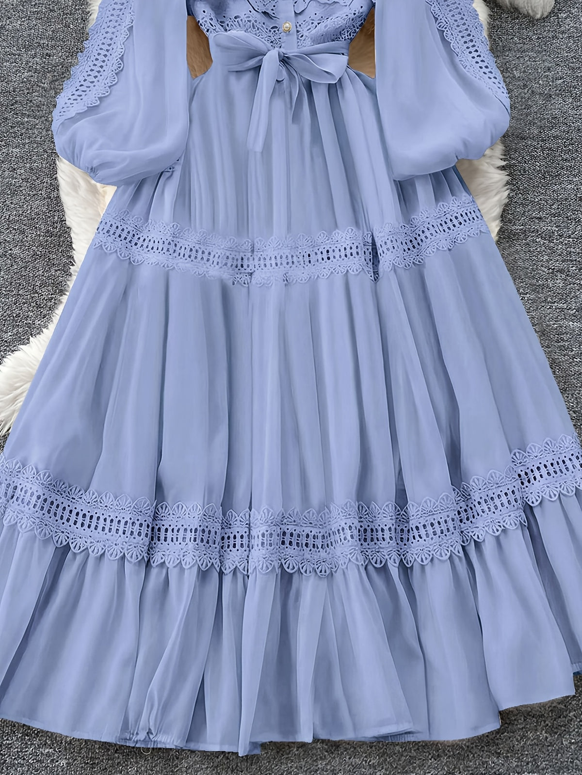 Fashion Retro Stand-Up Collar Lace Trim Patchwork Dress Court Style Lantern Sleeve Waist-Cinching Tie-Waist Flared Long Dress - Blue