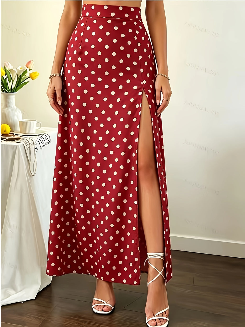 Women's New Summer Hong Kong Style Burgundy Polka Dot High-Waist Slit Satin Long Skirt, Suitable for Dating and Commuting - Red