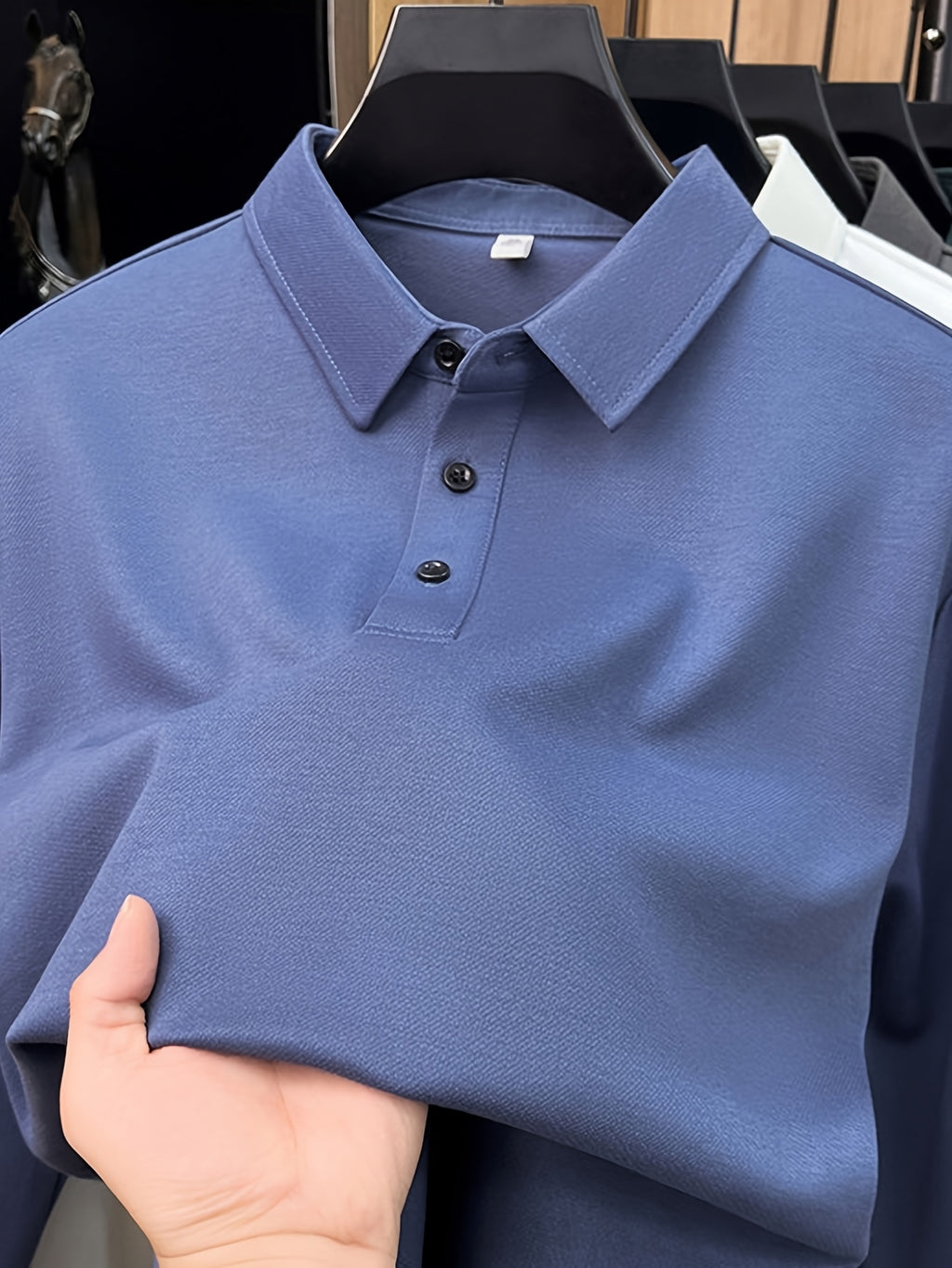 Men's Solid Color Long-Sleeve Polo Shirt, Simple and Clean Design Without Logo, Slightly Relaxed Fit, Flattering on All Body Types, Suitable for Spring and Autumn - SINBOS - Blue