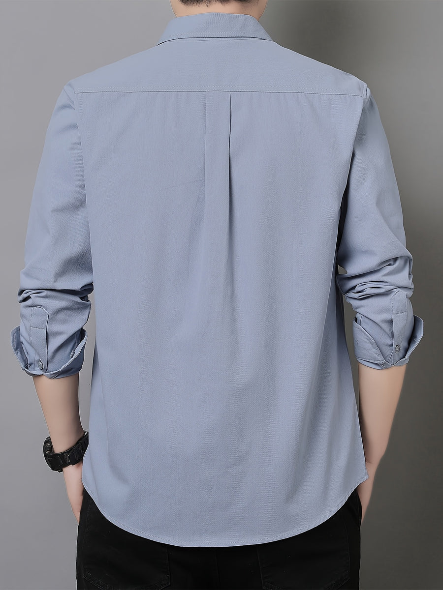 Men'S Long Sleeve Shirt with Lapel, Easy Letter Print Solid Color Hidden Single Pocket Casual Shirt, Washed Breathable Fabric, Spring/Autumn Commute Daily Wear Men'S Top, Inner And Outer Wear Multi-Color Available - Blue