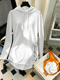 Mid-Length Hooded Sweatshirt for Women, Loose Hip-Covering Letter Print Drawstring Pullover Top - White