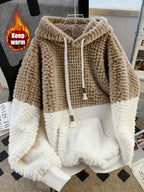 New Autumn/Winter Casual Daily Wear High-End Design Color Block Hooded Fleece Sweatshirt, Thick Loose Fit, Versatile - Multicolor