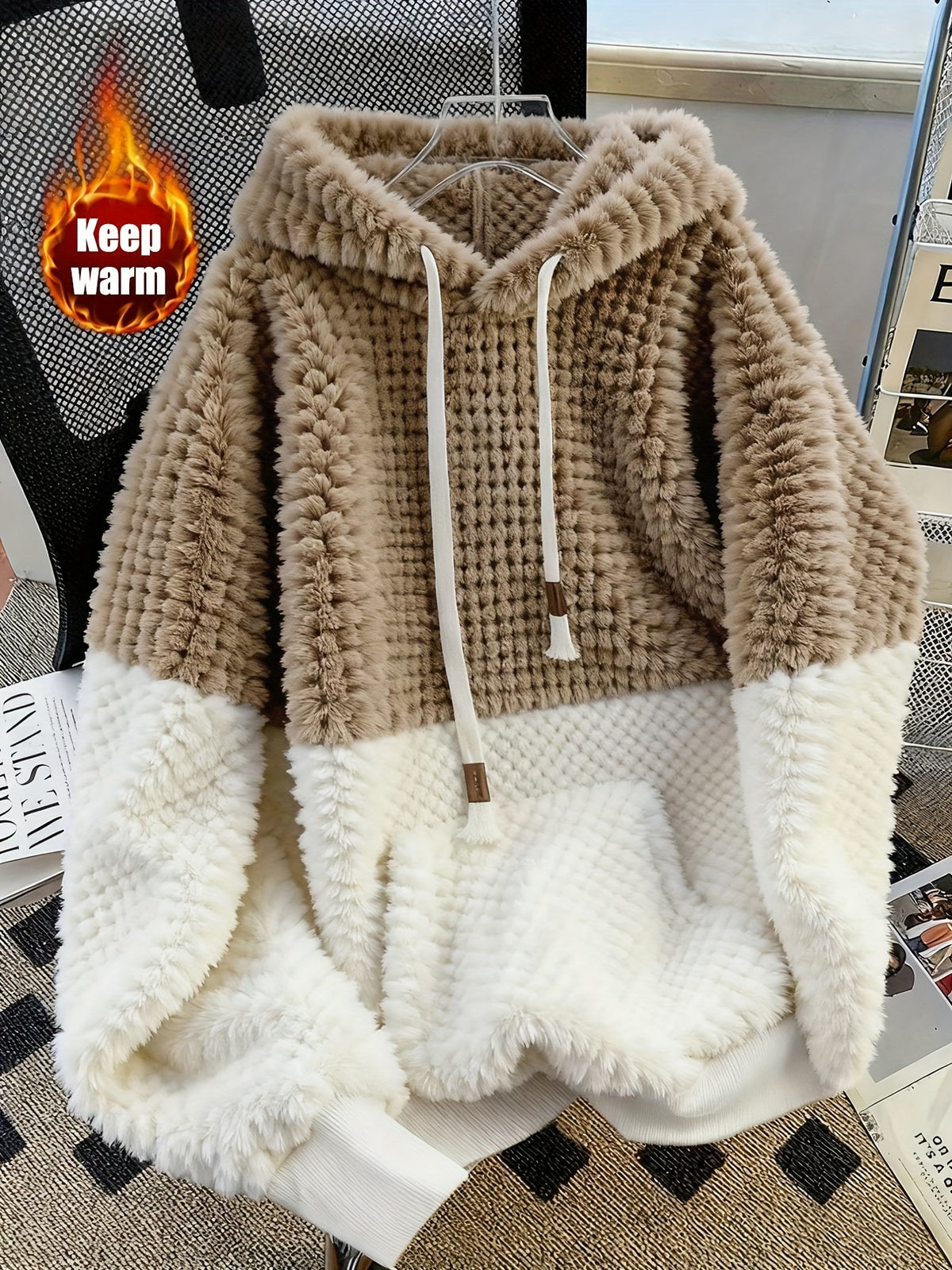 New Autumn/Winter Casual Daily Wear High-End Design Color Block Hooded Fleece Sweatshirt, Thick Loose Fit, Versatile - Multicolor