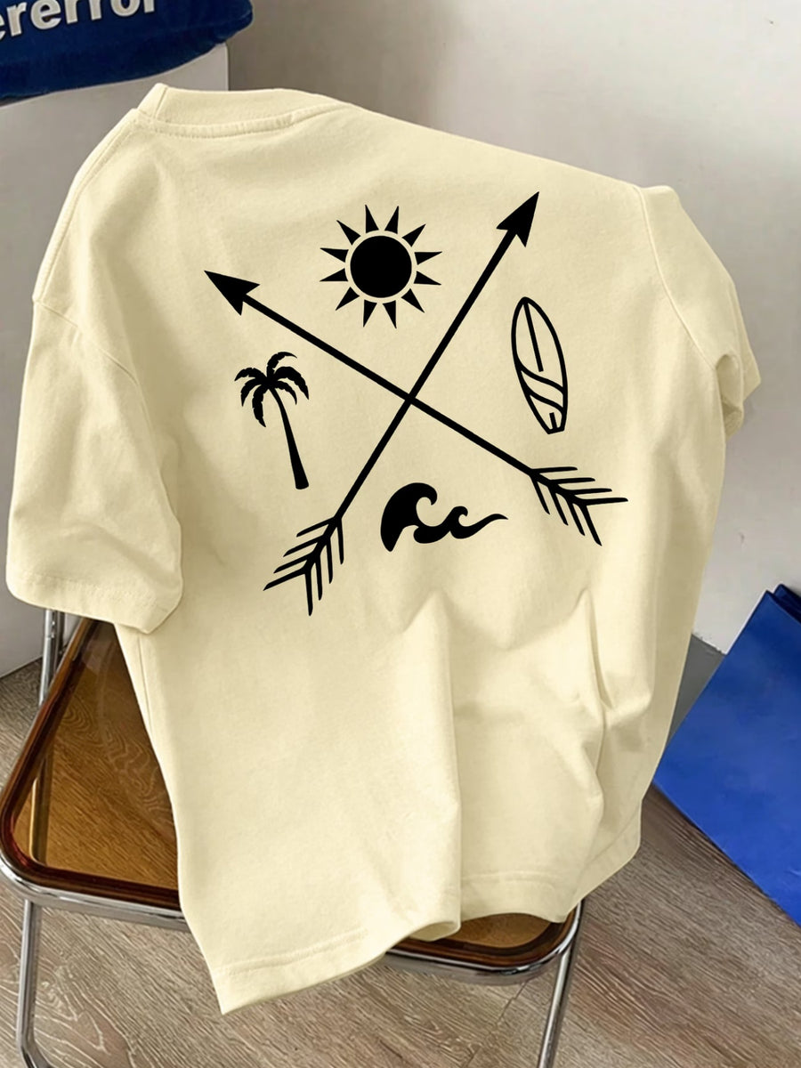 Men'S New Round Neck Short Sleeve T-Shirt Summer Sunshine Surfboard Print Suitable for Vacation Daily Casual Comfortable Soft Breathable Summer Essential - Apricot
