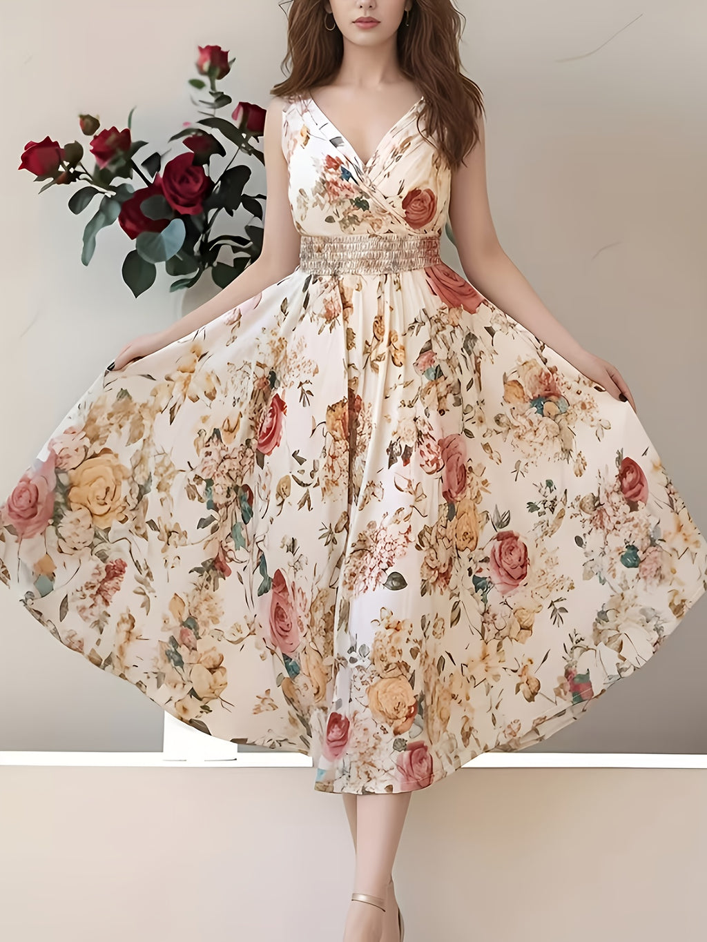New Stylish And Elegant Sleeveless V-Neck Printed Dress for Women - Polychrome