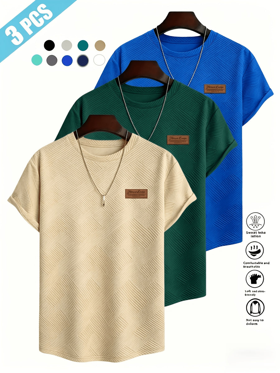 [Villa Le Water OBM] 3pcs Set Men'S Summer Fashion Round Neck T-Shirt, 3D Geometric Pattern Men'S Top, Comfortable And Versatile Short Sleeve, Suitable for Outdoor Street, Daily Casual, Outdoor Sports - Apricot + Dark Green + Royal Blue