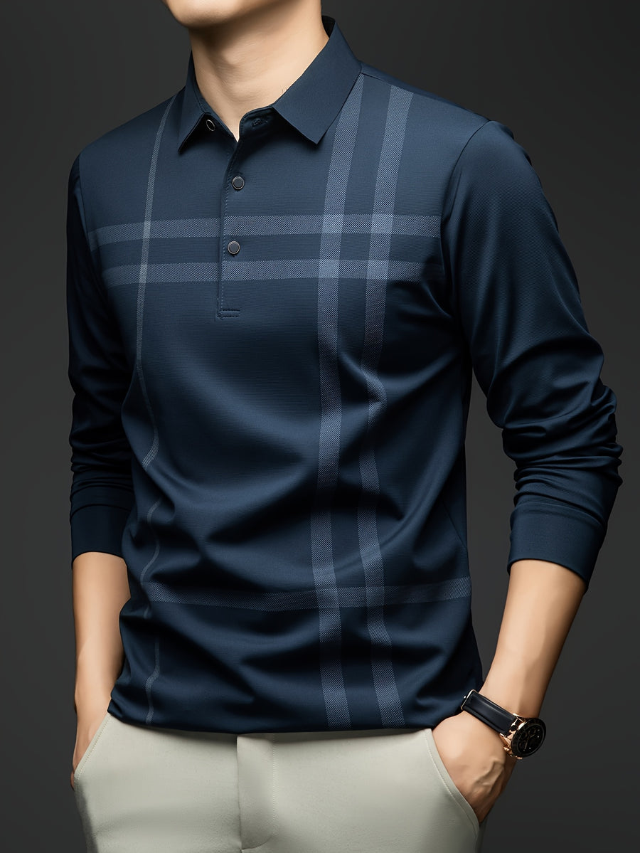 Men'S Striped Long Sleeve Shirt, Casual Commuter Versatile T-Shirt, Lapel Men'S Outdoor Athletic Wear, Easy Long Sleeve Lapel Business T-Shirt, Comfortable Breathable Middle-Aged Men'S Clothing - Dark Cyan