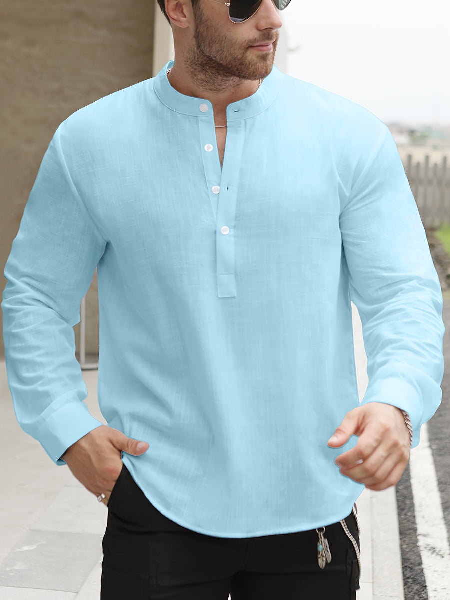 Men's Lightweight Thin Striped Stand Collar Half-Placket Solid Color Long Sleeve Shirt WISH Twill Loose Vintage Shirt - Light Blue