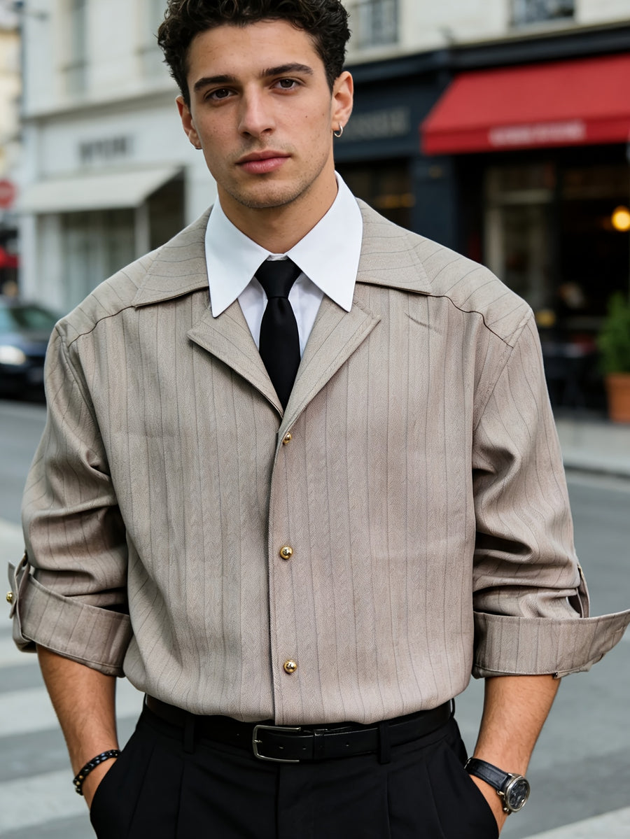 Men's Casual Striped 2-in-1 Look Shirt with Lapel Collar, Button-Up, Long Sleeves, and Rolled Hem Top for Business, Daily, and Street Fashion - Khaki