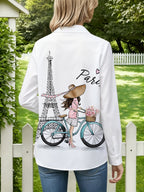 Women'S Beautiful Blouse Long Sleeve Fashion Trendy Lapel Shirt, Paris Eiffel Tower Bicycle Print Long Sleeve Shirt Women'S, French Romantic Lapel Casual Shirt, Perfect Gift for Women 1pc - Mixed colors