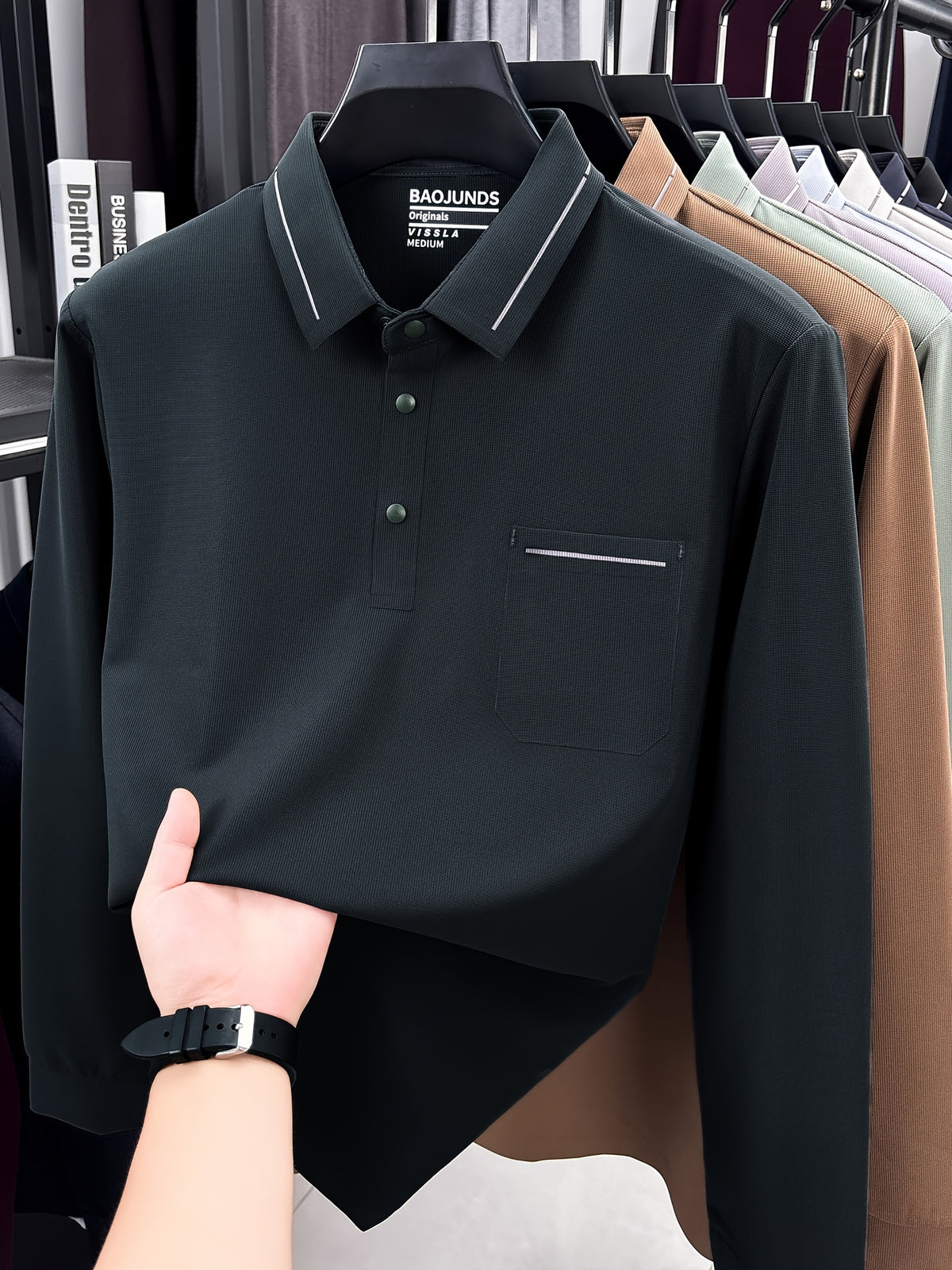 Autumn New Arrival Men's Fashion Long-Sleeve Polo Shirt, Versatile Casual Button- Lapel Seamless Men's Long-Sleeve Top, Suitable for Business Casual Outings, Dates, and Walks, an Essential Top for Casual Attire - Dark Green