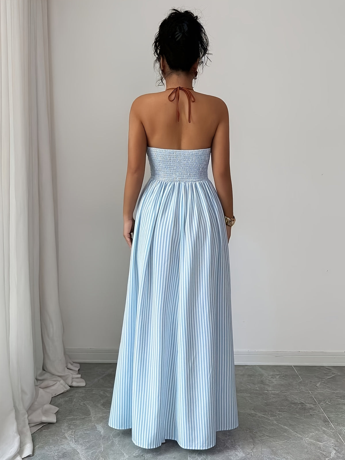 Women's Fashion Halter Neck Tie-Strap Striped Vacation Style Long Dress - Azure