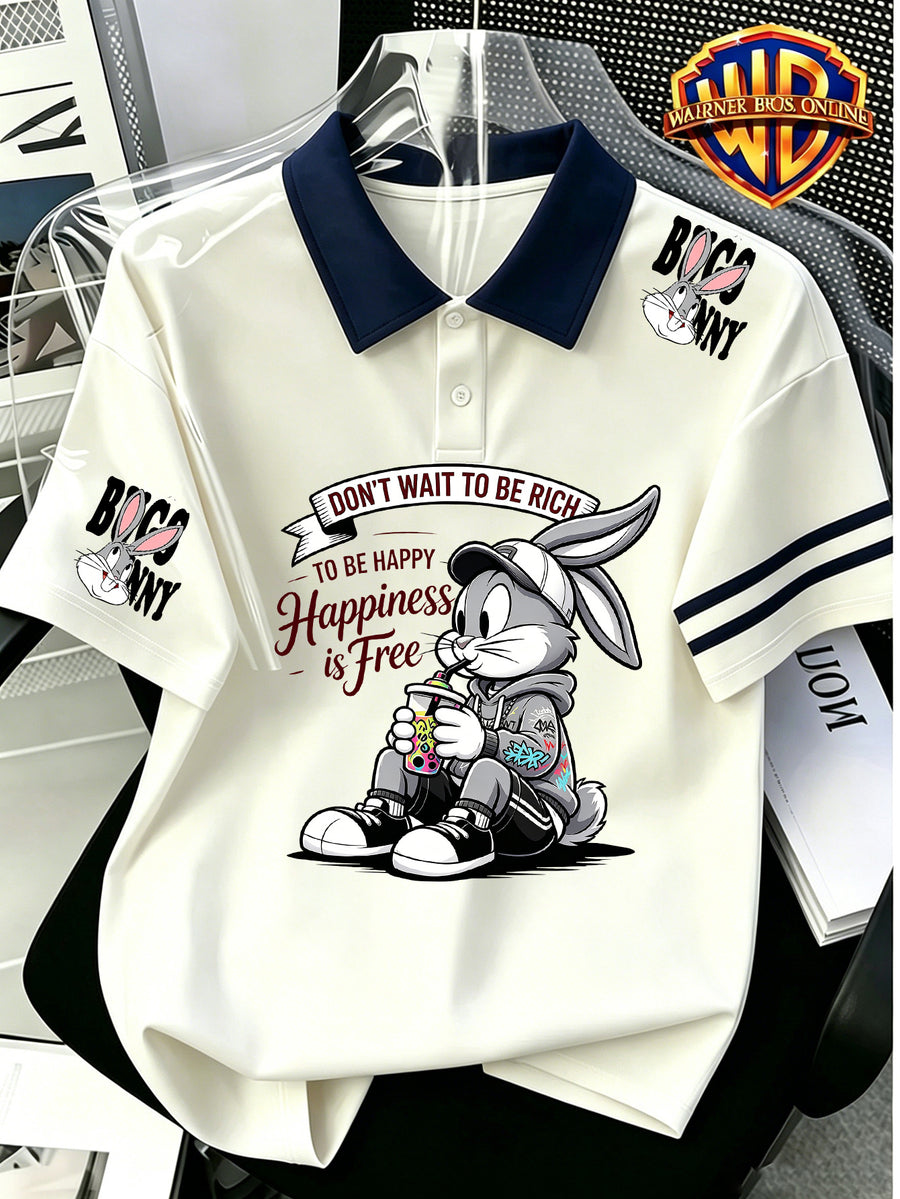 1pc, Le Yitong Rabbit T-Shirt Print Men'S Summer Casual Polo Shirt, Preppy Style Leisure Couple Short Sleeve Top, Summer Daily Outing, Campus Wear, Student Couple Style Best Choice, Suitable for Daily Outing And Athletic Wear - Unisex - Navy Color