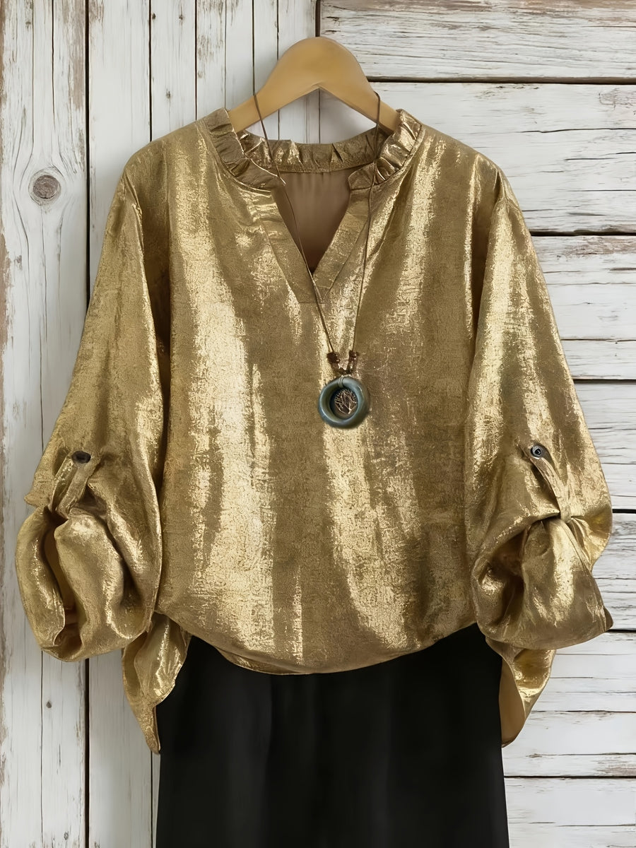 Adjustable Cuffs Women'S Blouse Top, Necklace Not Included, Elegant Shirt, Gold-Foiled Fabric, Women'S Shirt, Women'S Blouse, Long Sleeve Shirt - Golden