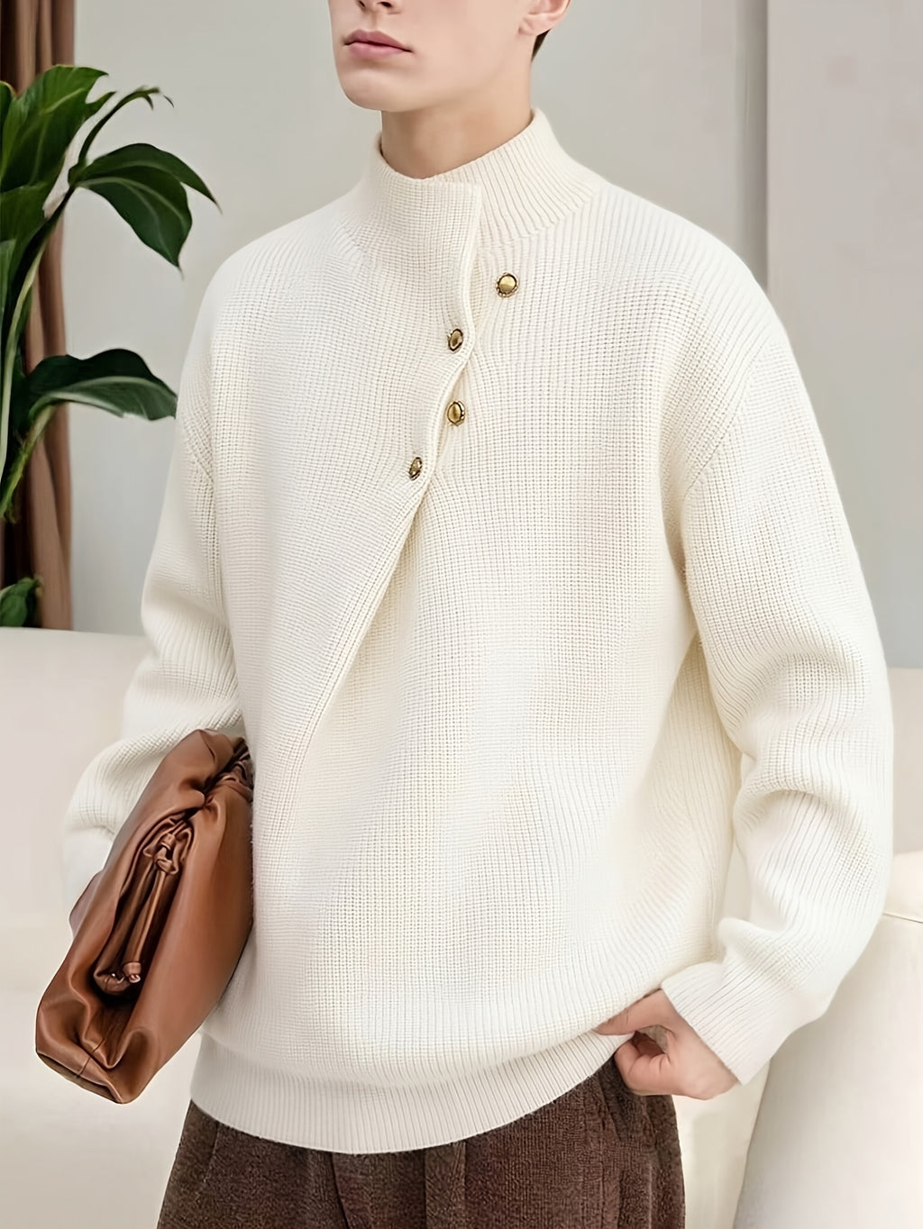 Men's Half-Turtleneck Sweater, Vintage Loose Drop-Shoulder Fit, Old Money Style Simple Casual Design, Autumn/Winter Warm Cable Knit Fabric, Skin-Friendly and Soft, Diagonal Placket with Button Row, Versatile Men's Knit Top, Men's Long-Sleeve Pullover - White