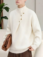 Men's Half-Turtleneck Sweater, Vintage Loose Drop-Shoulder Fit, Old Money Style Simple Casual Design, Autumn/Winter Warm Cable Knit Fabric, Skin-Friendly and Soft, Diagonal Placket with Button Row, Versatile Men's Knit Top, Men's Long-Sleeve Pullover - White