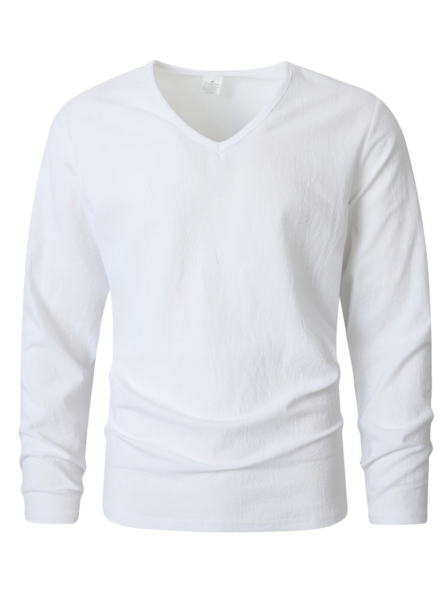 Japanese Texture Pleated Linen Athletic Long Sleeve Men'S Size Large V-Neck Loose Commuter Fitness Outerwear Lightweight Sunscreen Base Layer Summer Non-Stuffy Sunscreen Long Sleeve Loose V-Neck Linen Men'S Casual Athletic T-Shirt - White