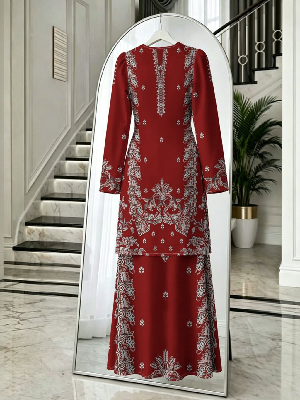 Muslim Women's 2pcs Set, Burgundy Base with Silvery-White Vintage Ethnic Pattern Print, for Prayer, Gatherings, Daily Outings, Covering and, Elegant and Dignified, Ethnic Print Clothing, Suitable for Prayer, Banquets, Outings, Commuting, and Home - Mixed colors