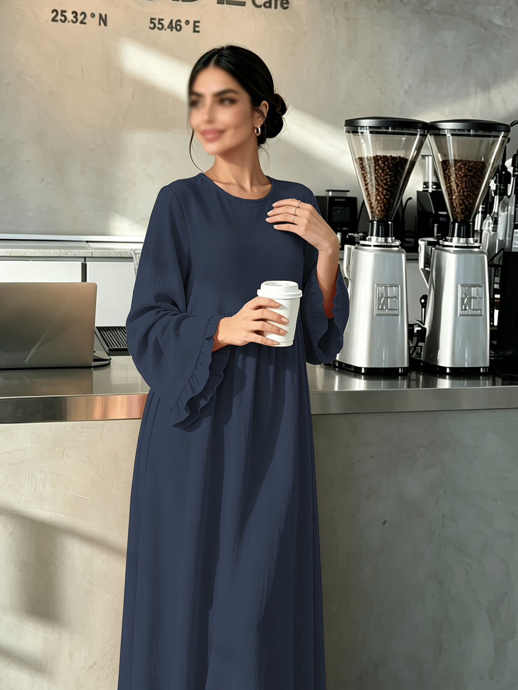 Round Neck Long Dress with Ruffled Flared Wide Sleeves, Soft Lightweight Breathable Fabric Loose Swing Style Dress for Women Daily Home And Outdoor Casual Matching - Navy Color