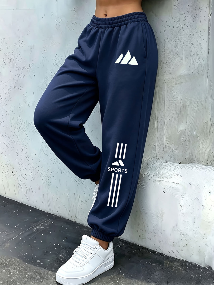 High-Waist Ankle-Cinching Sweatpants, Mountain Peak Print, Vertical Stripes on Both Sides of Legs, Elastic Cuffs Suitable for And Commuting - Navy Color