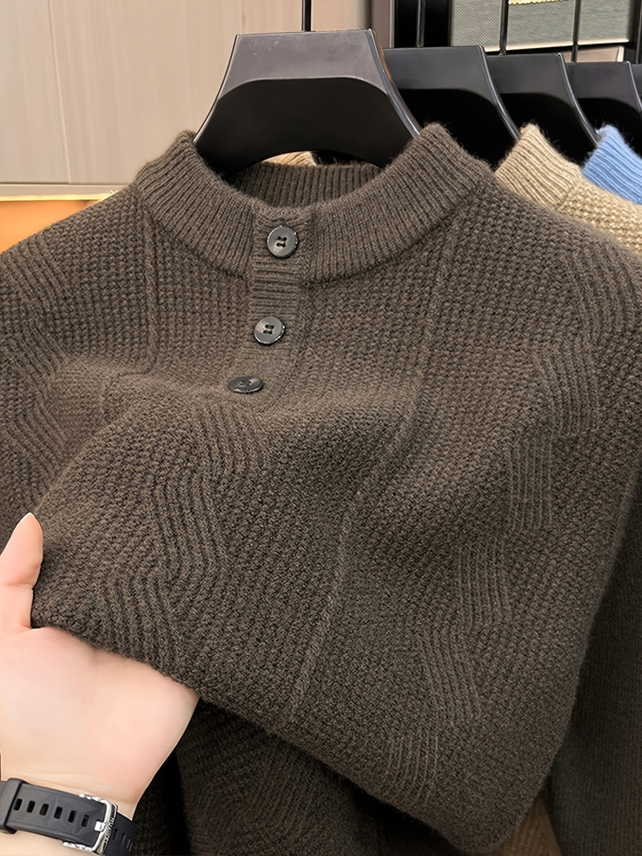 Spring And Autumn Men'S Half-Button Henley Collar Knit Sweater 3D Jacquard Texture Warm Easy And Atmospheric Middle-Aged Men'S Commuter Pullover - Dark Coffee