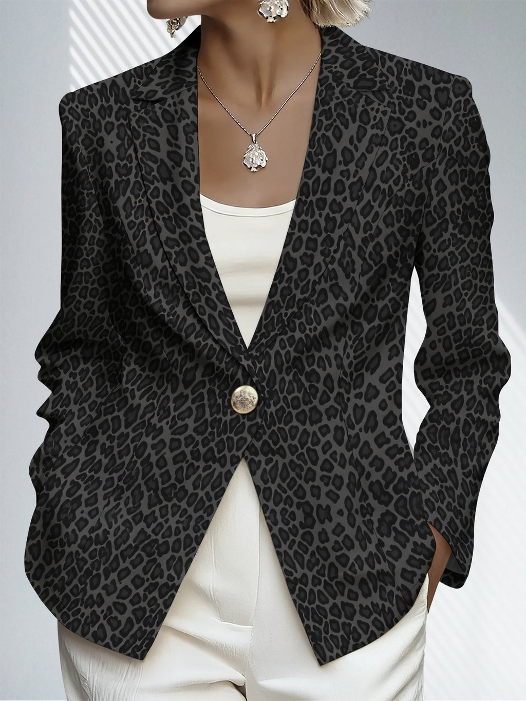 Designed for Spring And Autumn, This Elegant Women'S Blazer Is an Ideal Choice for Comfortable Everyday Wear. Its Unique, Vintage-Inspired Leopard Print Exudes Sophisticated Elegance - Gray background with black leopard print