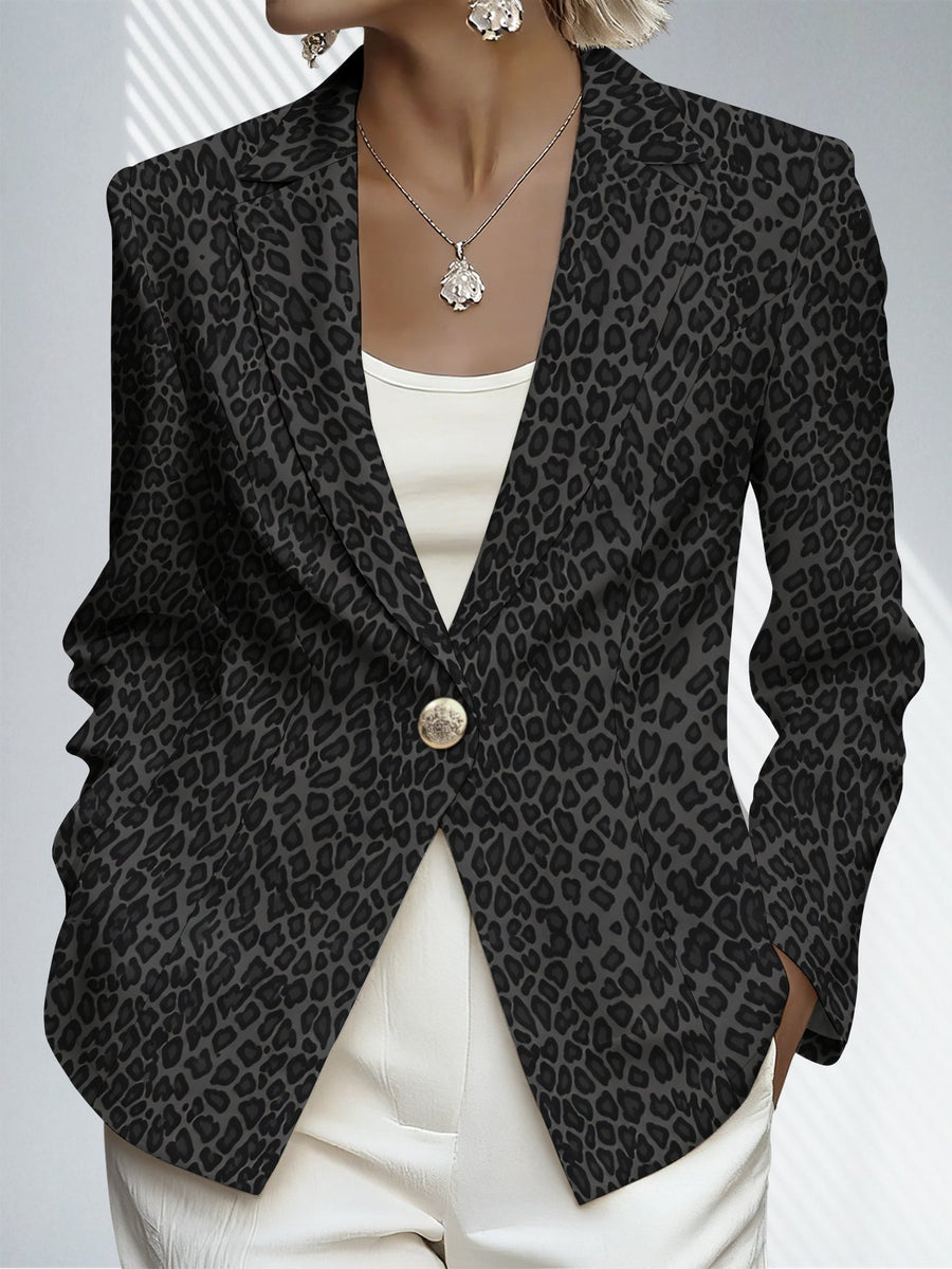 Designed for Spring And Autumn, This Elegant Women'S Blazer Is an Ideal Choice for Comfortable Everyday Wear. Its Unique, Vintage-Inspired Leopard Print Exudes Sophisticated Elegance - Gray background with black leopard print