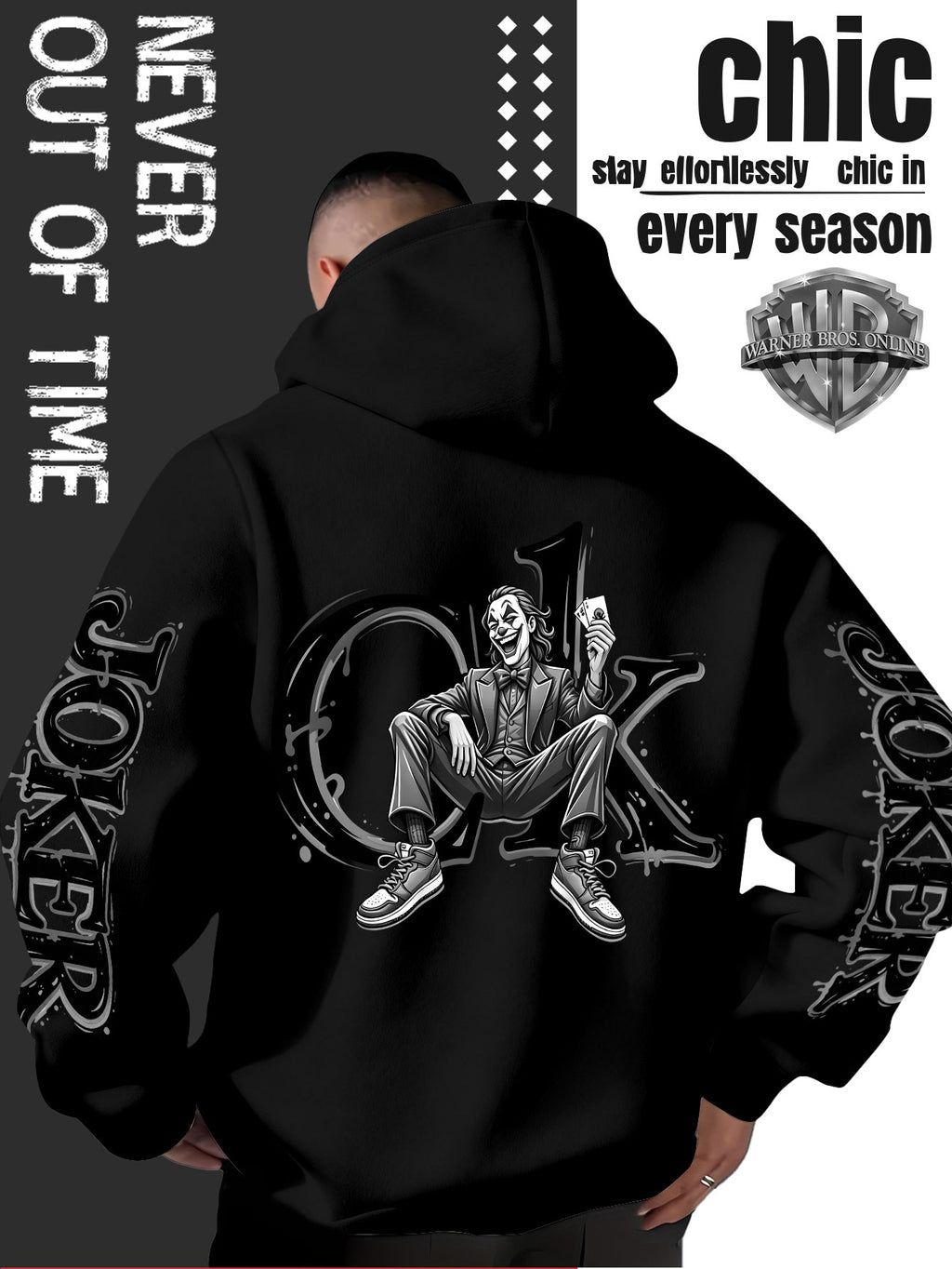 Men'S Hooded Sweatshirt, Western Trendy Cool Black And White Sketch Joker Theme Print, Sleeves with Same Series Splatter Art Lettering, Breathable And Skin-Friendly Fabric, Showcasing ' Fashion Sense, Ideal Gift for Holidays And Birthdays - Black