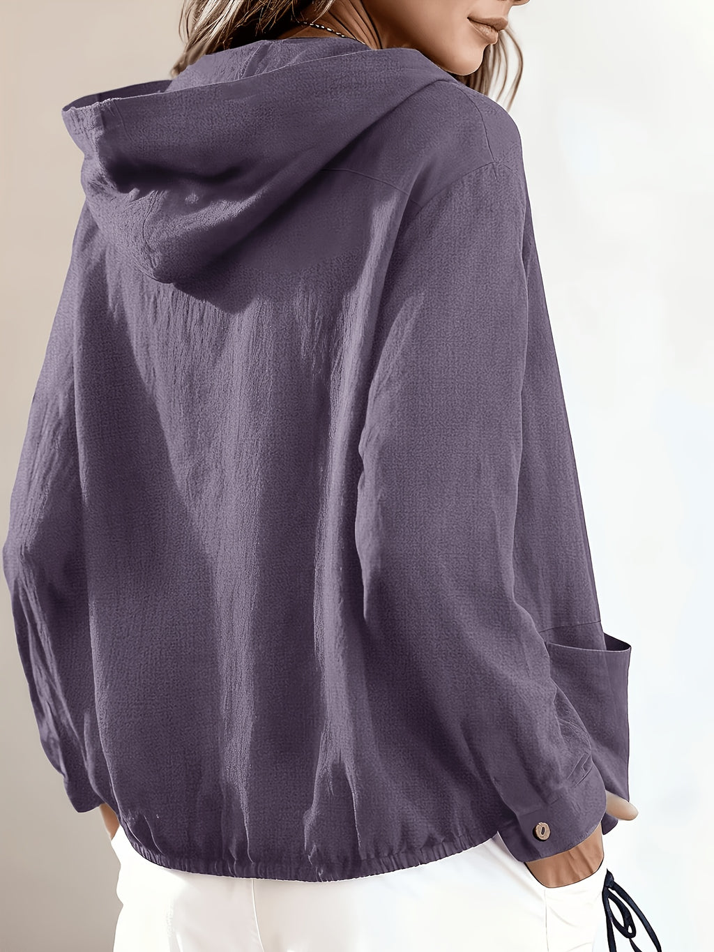 New Fashionable Solid Color Simple and Elegant Women's Hooded Jacket with Pockets - Purple