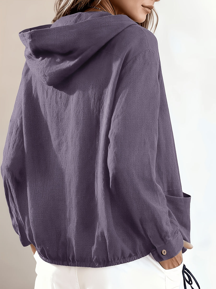 New Fashionable Solid Color Simple and Elegant Women's Hooded Jacket with Pockets - Purple