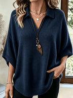 Plus Size, Women's Elegant Casual Cute Sexy Middle Eastern Style Spring Autumn Winter Solid Color V-Neck Batwing Sleeve Arc-Shaped Hem Slit Irregular Loose Soft Warm Shawl Cape Pullover Sweater Top - Navy Color