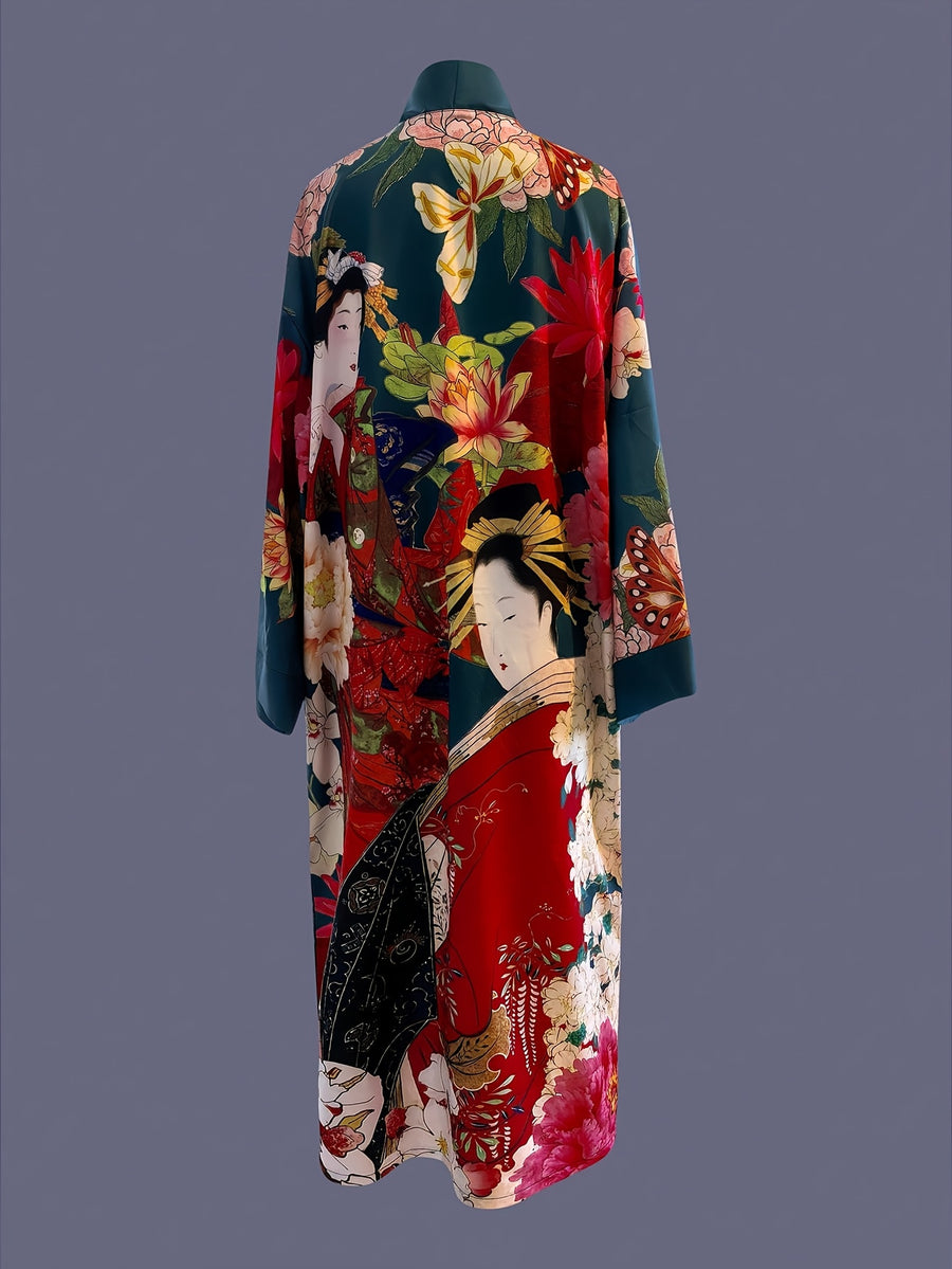 Japanese Printed Mid-Length 3/4 Sleeve Kimono Cardigan Thin Jacket Women'S Western Elegant Ethnic Style Street Casual Cover-Up Outerwear Beach Travel Vacation Cape Japanese Style Thin Cloak Jacket Home Yukata Belt Bathrobe Cover-Up - Dark Green