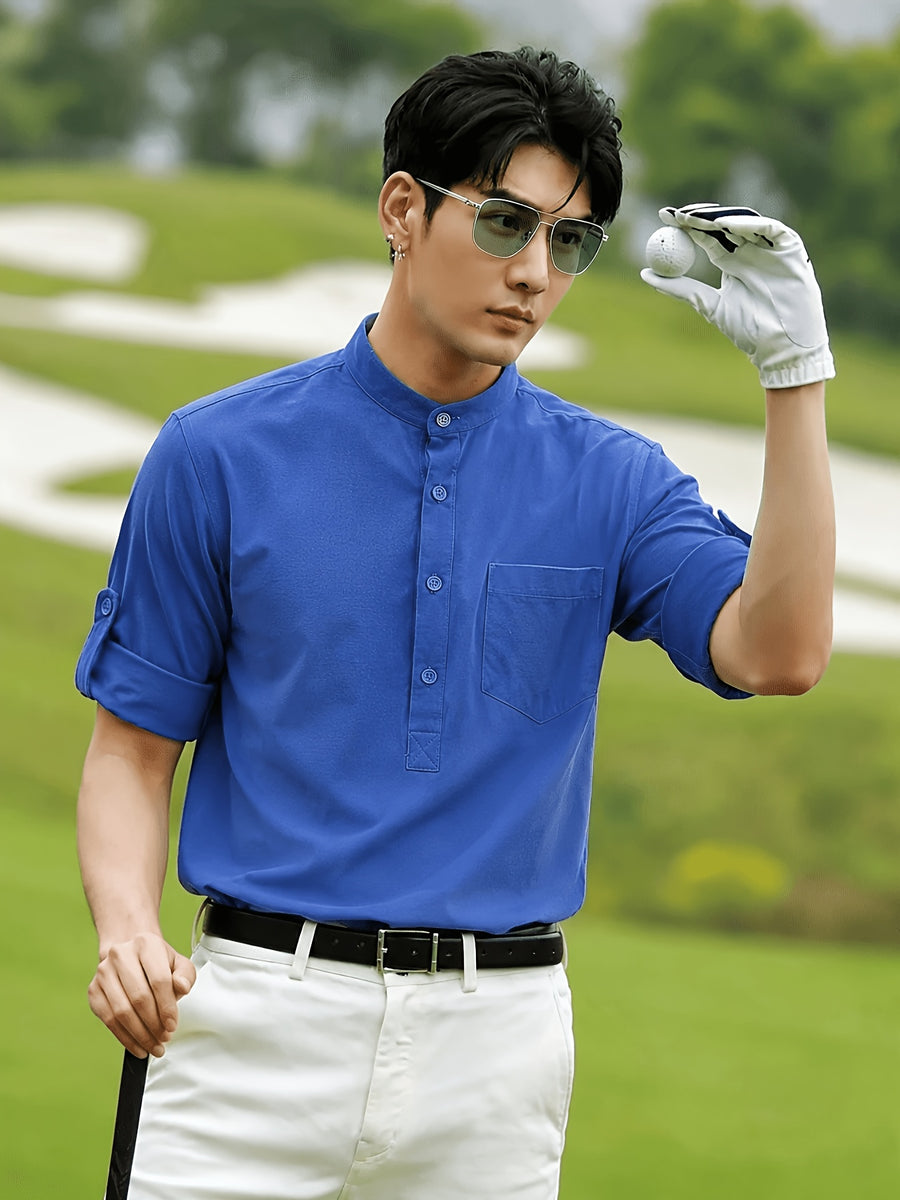 Men'S New Half-Button Shirt - Golf & Everyday Wear | Roll-Up Sleeves, Short Placket with Chest Pocket | Wrinkle-Free, Shape Retention - Swing Free, Fairway to Clubhouse | Solid Tone, Easy-Match, All-Season Layering Or Solo - Blue