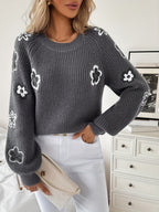 Women'S Fall Winter Long Sleeve Embroidered Design Round Neck Sweater Pullover - Grey