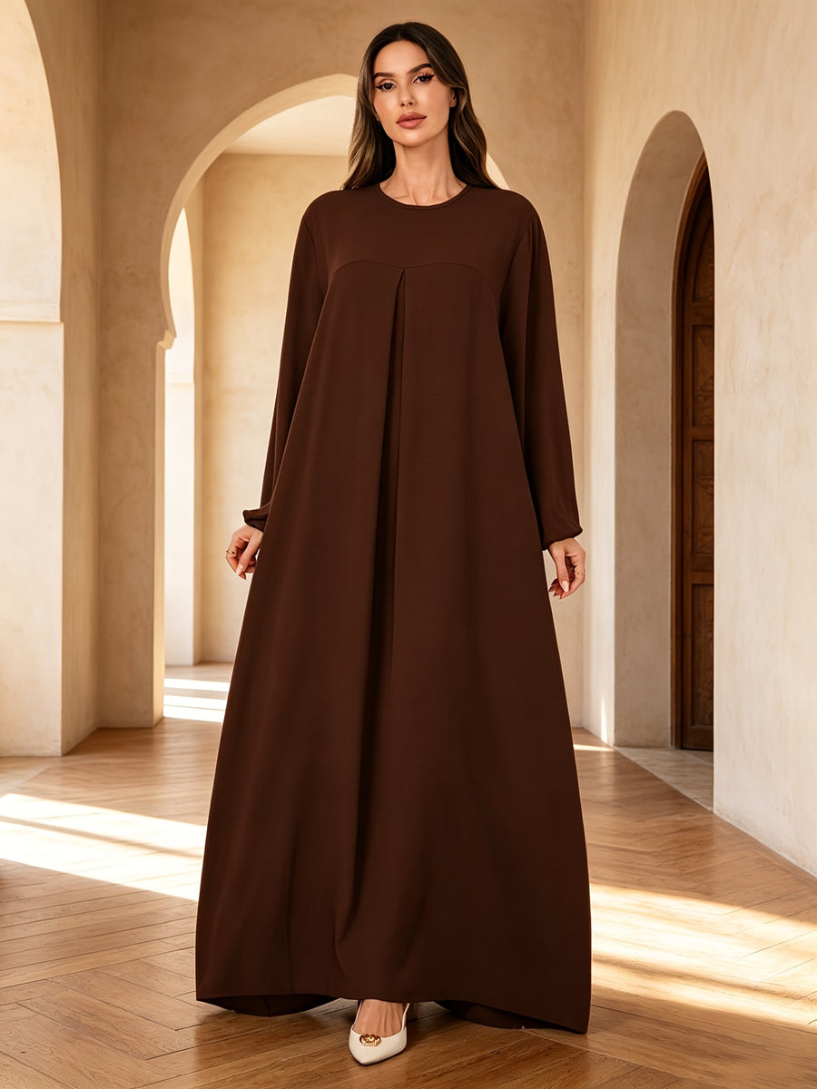 1pc Elegant Holiday Style Loose Wrinkled Versatile Solid Color Suitable for Daily Wear Comfortable Casual Loose Comfortable Women'S Abaya Dress. Abayas for Women Dubai Long Dresses for Women Abaya Damen Ladies Abaya Robe Long Sleeve Women - Coffee Color