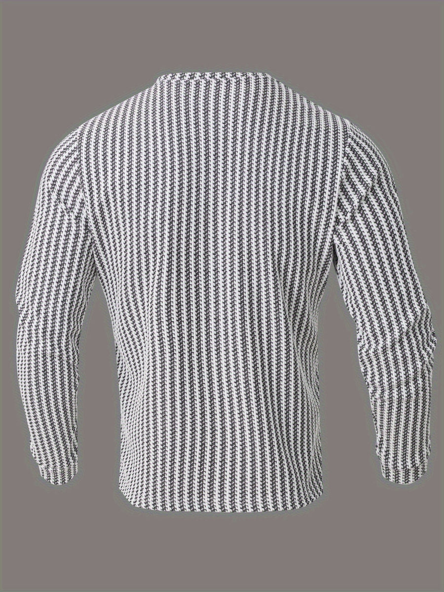 Men's Fashion Casual Long-Sleeve Henley Shirt | High-End Houndstooth Textured Jacquard Henley Collar T-Shirt | Notched V-Neck Design | Long-Sleeve Henley T-Shirt in a Loose and Comfortable Fit | Essential Golf Polo Attire | Breathable - White