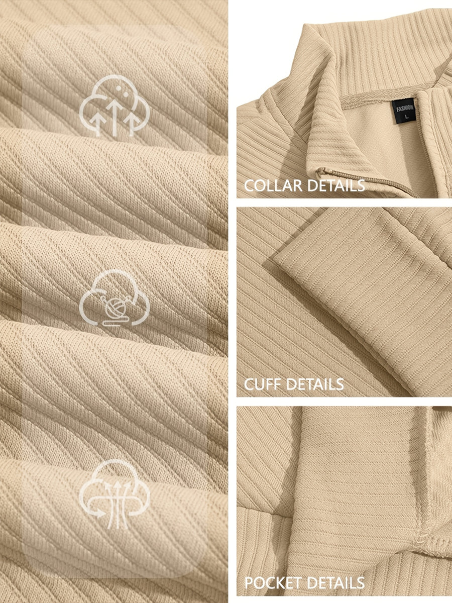 BOWZ Men's Casual Top, Solid Color Stand Collar Sweatshirt, Half-Zip Design, Warm Knit Henley Shirt, Skin-Friendly and Sweat-Absorbent, Simple, Casual, Fashionable, and Versatile, Men's Autumn/Winter Long-Sleeve Top, Suitable for Daily Leisure - Apricot