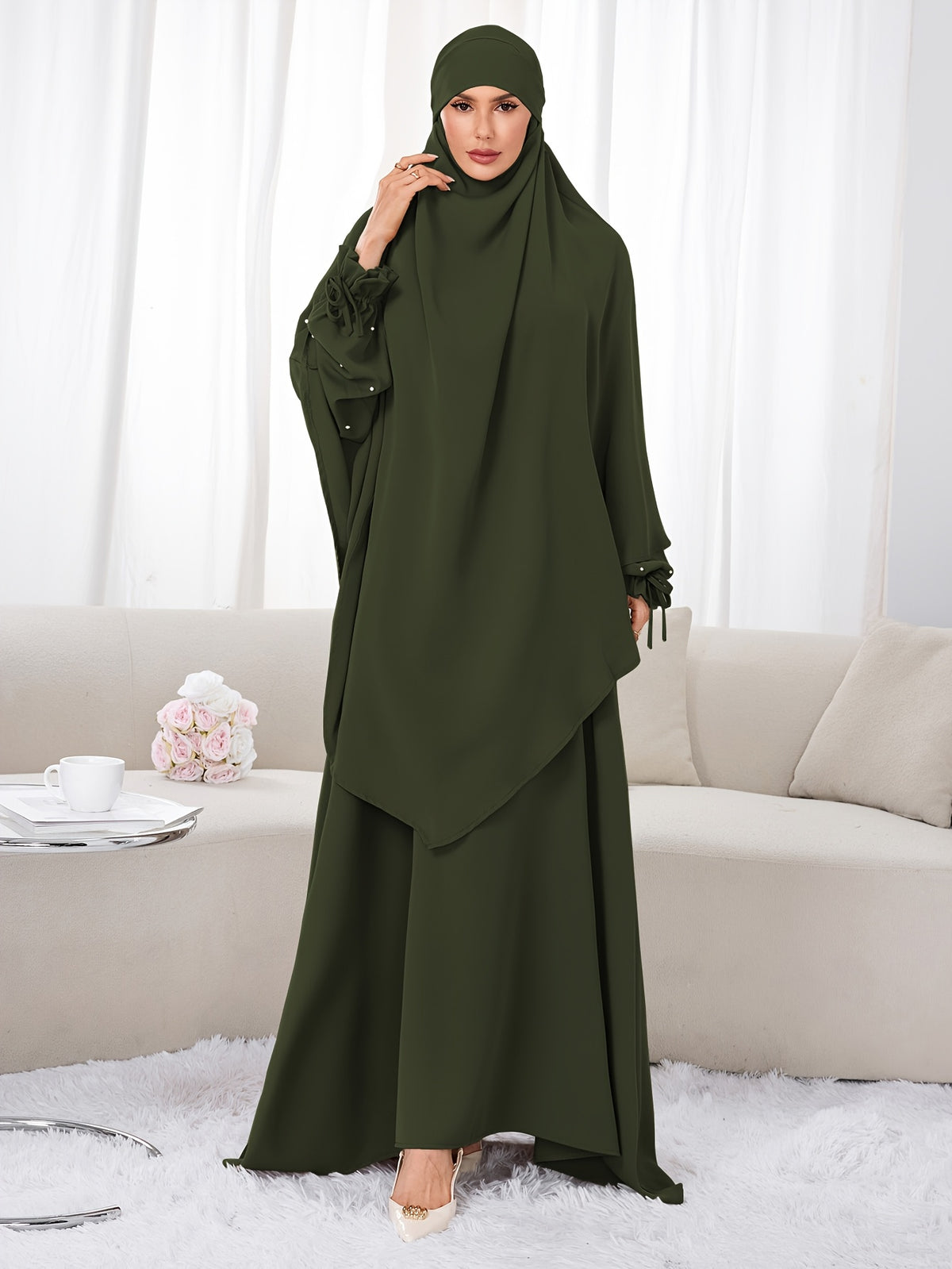 Women's 2pcs Modest Islamic Abaya & Khimar Suit - Elegant Full Coverage Prayer Dress with Headscarf, Pure Color Muslim Dress Suitable for Daily Wear, Hajj, Ramadan, Travel - Abaya Robe for Muslim Women - Olive Green