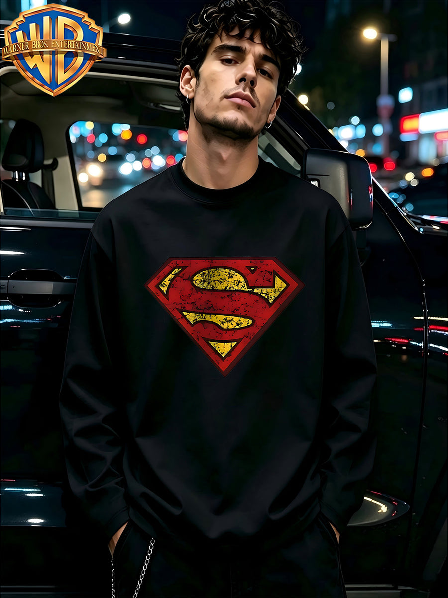 100% Round Neck Casual All-Match Long Sleeve T-Shirt, DC Superman Retro Distressed S Shield Badge Print, Soft And Skin-Friendly Breathable Casual Top, Trendy All-Match Basic Pure Long Sleeve Top - Black