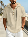 Summer New Hooded Henley Collar Short-Sleeved, Men'S Loose Breathable Comfortable Casual T-Shirt Top - Khaki
