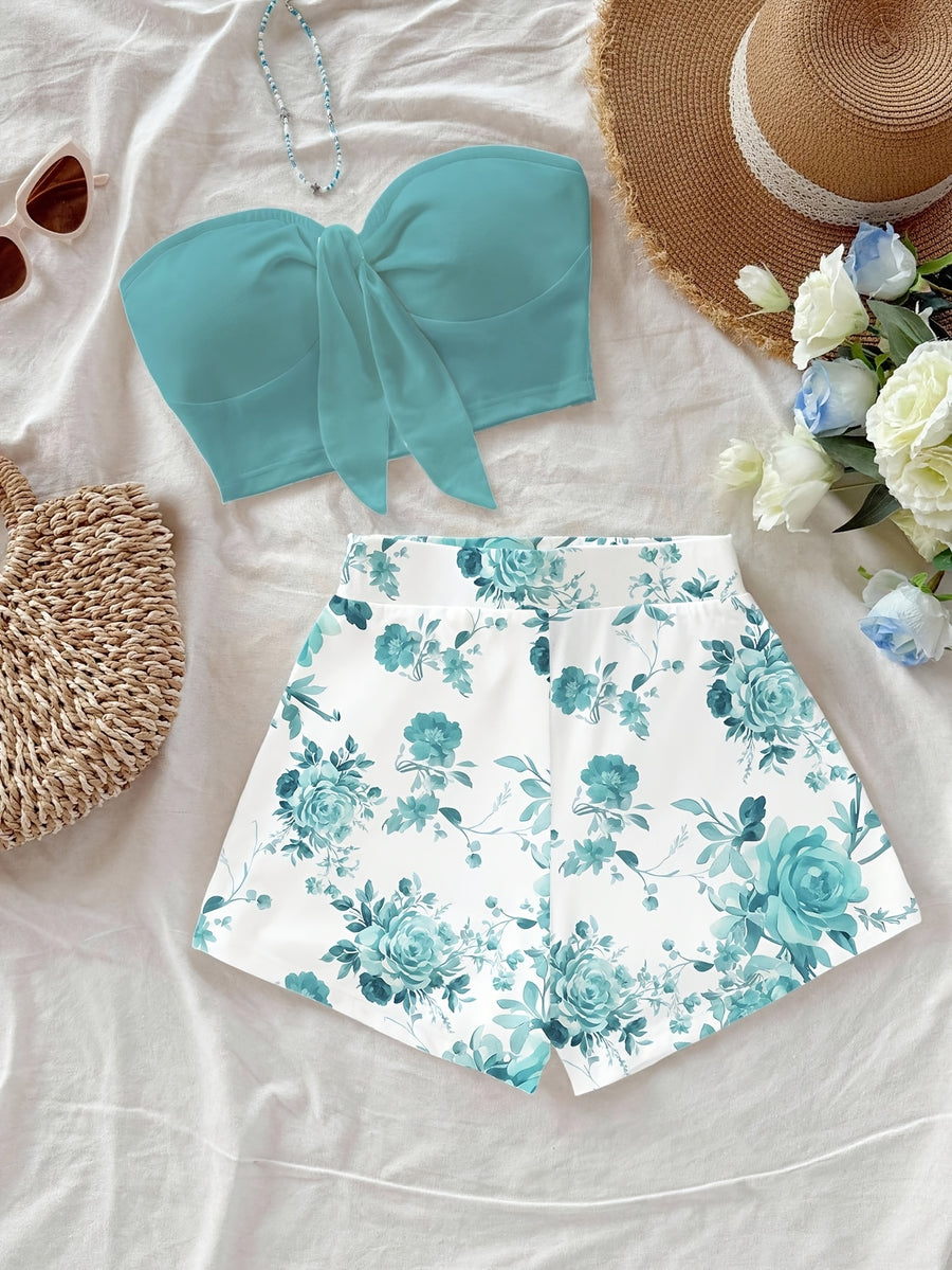 Turquoise Vintage Floral Pattern Vintage Style Casual Vacation Sexy Cute Y2K Bohemian Music Festival Summer Women's 2pcs Set Vacation Outfit Women's 2pcs Floral Set - Mixed colors