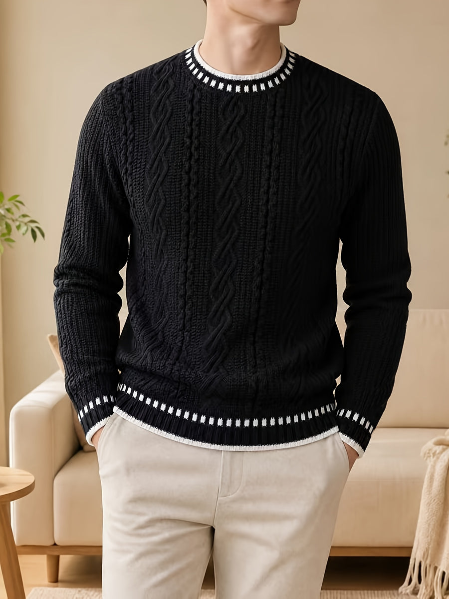 Black Friday, Christmas, Thanksgiving Pre-Heat, Men's Acrylic Blend Five-Color Options, Cable Knit, Contrast Stripe Ribbed Crew Neck Pullover Sweater with Contrast Stripes at Neckline, Cuffs, and Hem, Vintage Casual Daily Wear for Autumn/Winter - Black