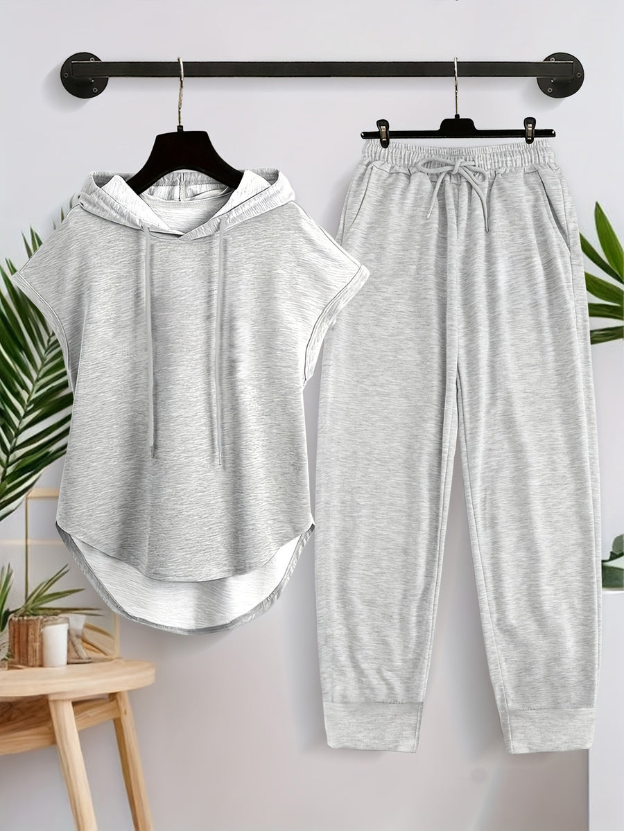 Of New Products! Solid Color Sleeveless Hooded Set! Paired with Jogger Pants for a Neat Look, Soft And Comfortable Against The Skin, Very Practical for Daily Wear, Women'S Spring And Summer Fashion Casual Sleeveless Hooded Set - Light Grey