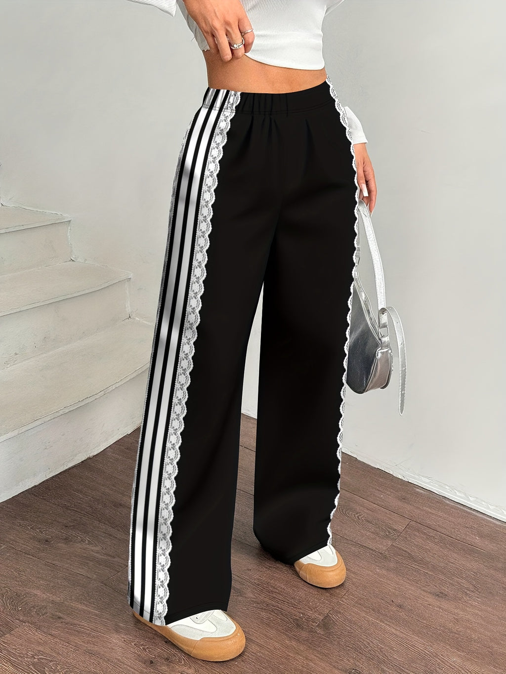 Women's Pants for Spring, Summer, and Autumn, Straight-Leg Trousers, Vintage Color-Block Lace Stripe Print Loose Wide-Leg Pants, Casual Style - Black