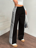 Women's Pants for Spring, Summer, and Autumn, Straight-Leg Trousers, Vintage Color-Block Lace Stripe Print Loose Wide-Leg Pants, Casual Style - Black