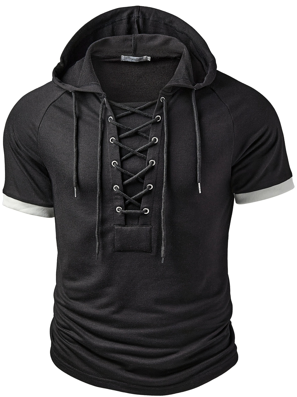 ROYALBOY Spring New Arrival Men's Short Sleeve Outdoor Sports Hoodie with Eyelet Drawstring, Designer Casual Men's Sportswear Top, Suitable for Autumn Outdoor Wear - Black