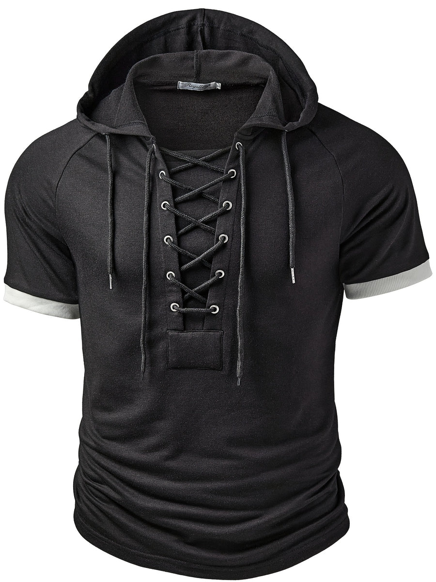 ROYALBOY Spring New Arrival Men's Short Sleeve Outdoor Sports Hoodie with Eyelet Drawstring, Designer Casual Men's Sportswear Top, Suitable for Autumn Outdoor Wear - Black