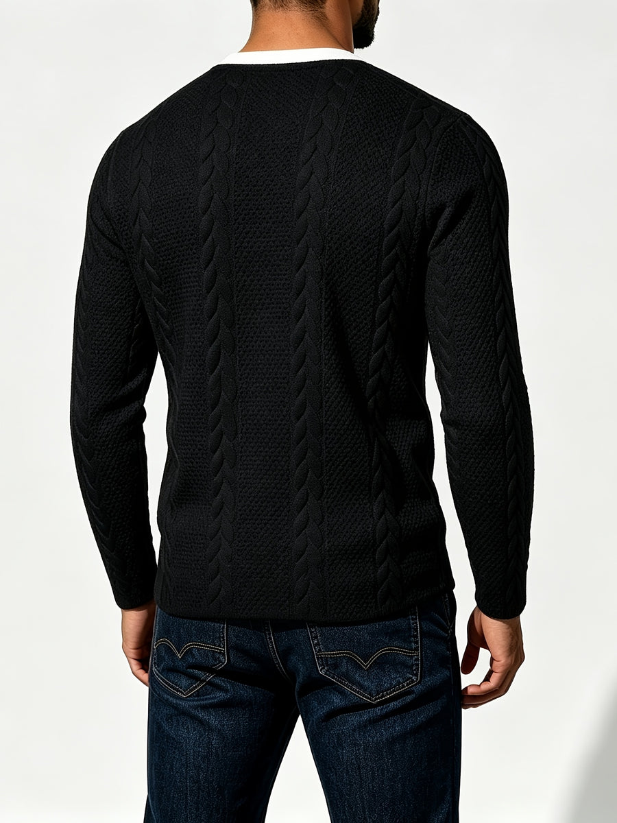 [Joximei OBM] Western Hardman Style Men'S Jacquard Henley Long Sleeve T-Shirt, Shoulder Side Color-Block Patchwork Knit Top, Home Casual Weekend Outing Base Layer, Surprise Gift for Men - Black