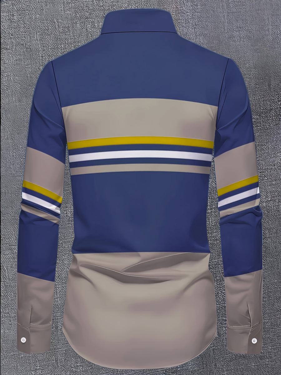 Men'S Color-Block Striped Long Sleeve Shirt, Casual Patchwork Design Fashion Men'S Top - Mixed Color 3